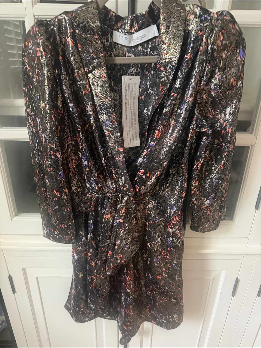 IRO Metallic Abstract Splatter Mini Dress in Black, Gold & Red